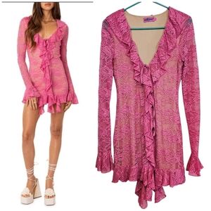 Y2K Edikted Fairy Barbie Ruffle Lace Waterfall Hem Bell Sleeve Dress Nude